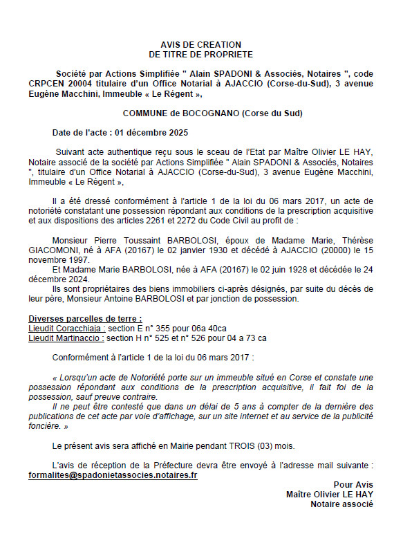 Avis de création de titre de propriété - Commune de Bucugnà (Pumonti)