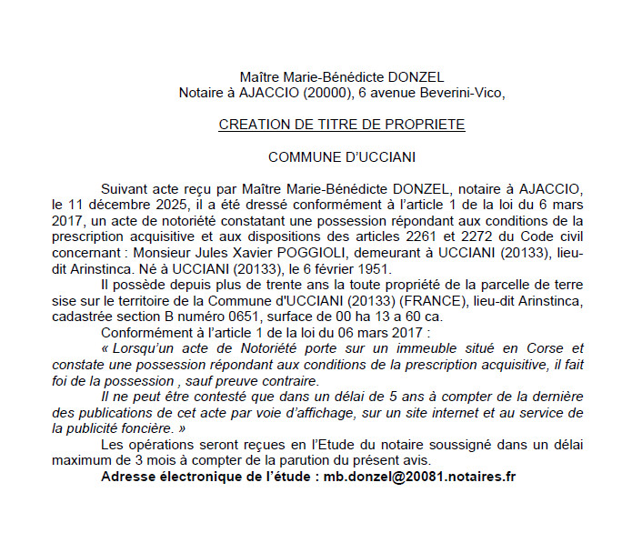 Avis de création de titre de propriété - Commune d'Aucciani (Pumonti)
