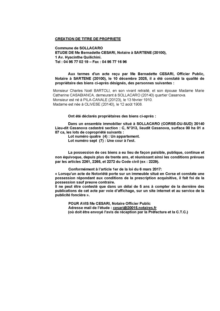 Avis de création de titre de propriété - Communes d'A Bastilicaccia et Bastelica (Pumonti)