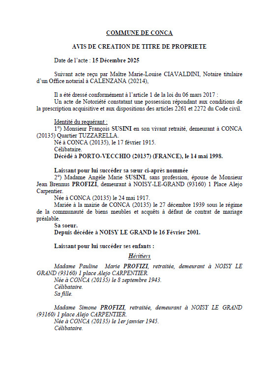 Avis de création de titre de propriété - Commune de Conca (Pumonti)