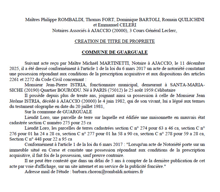 Avis de création de titre de propriété - Commune de Vargualè (Pumonti)