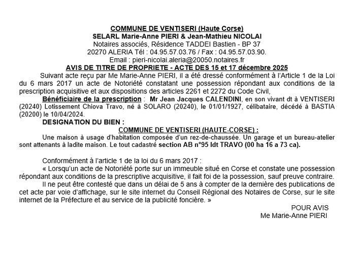 Avis de création de titre de propriété - Commune de Vintisari (Cismonte) Avis de création de titre de propriété - Commune de Vintisari (Cismonte)