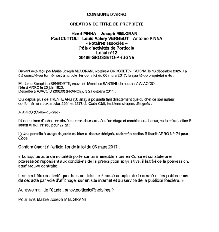 Avis de création de titre de propriété - Commune d'Arru (Pumonti)