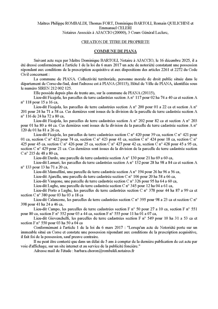 Avis de création de titre de propriété - Commune d'A Piana (Pumonti)