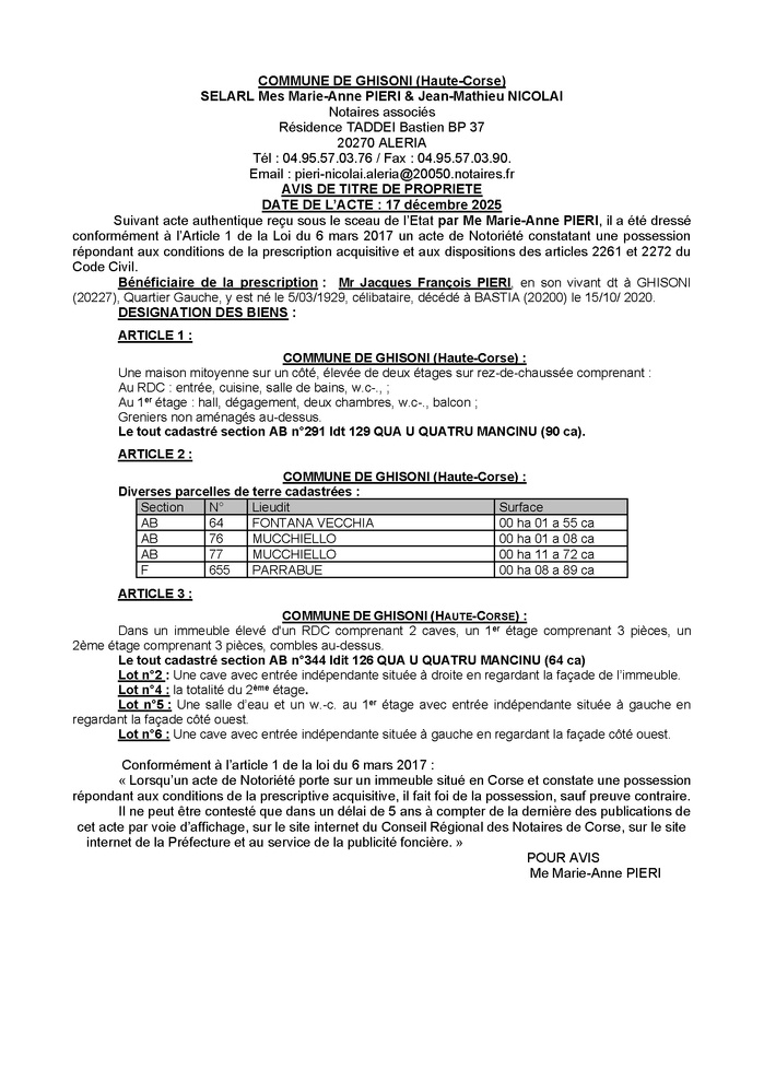 Avis de création de titre de propriété - Commune de Ghisoni (Cismonte)