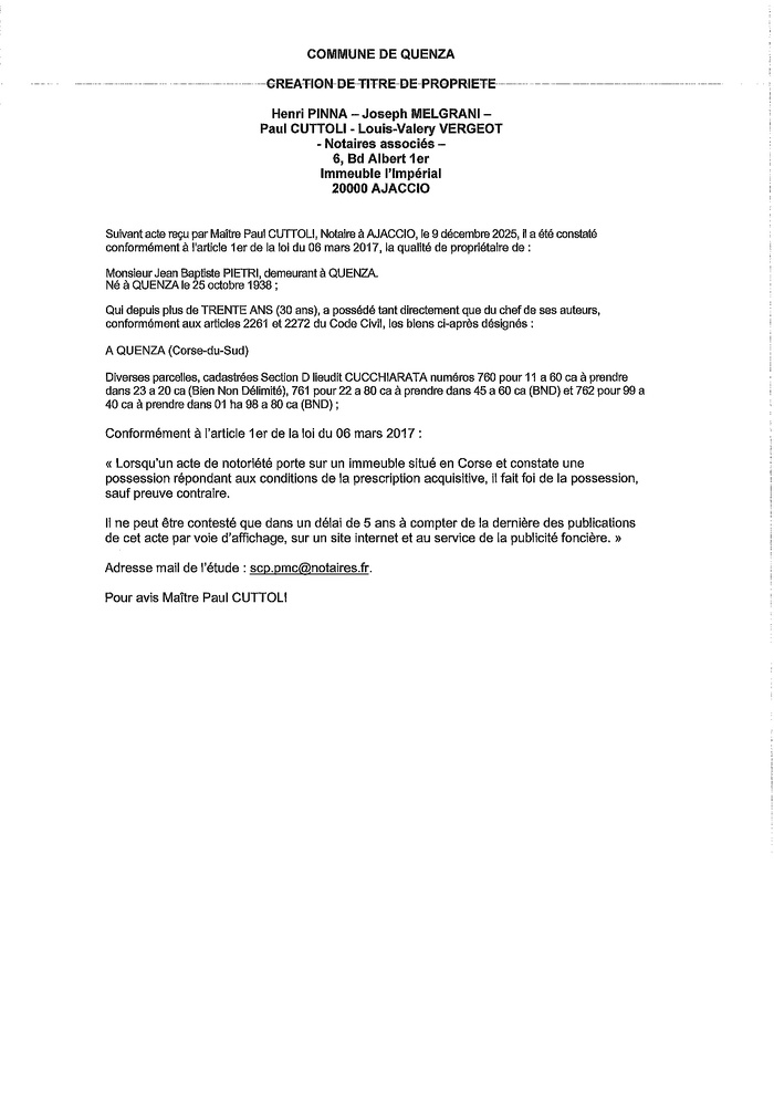 Avis de création de titre de propriété - Commune de Quenza (Pumonti) Avis de création de titre de propriété - Commune de Quenza (Pumonti)