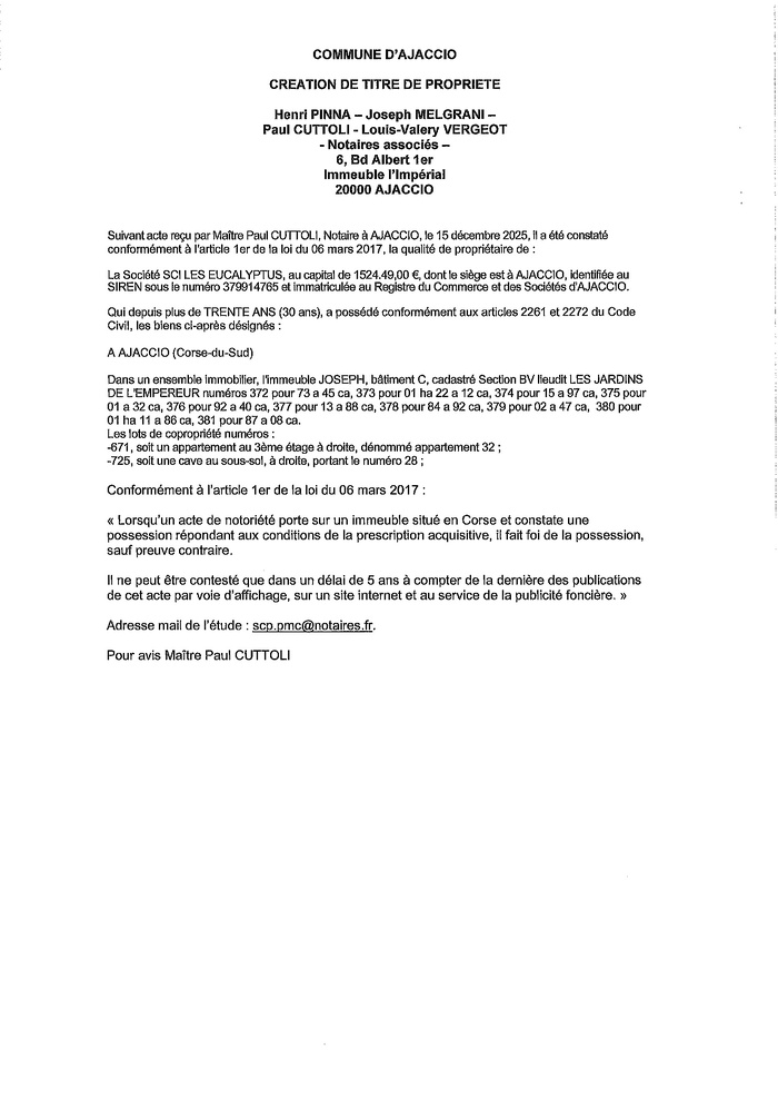 Avis de création de titre de propriété - Commune d'Aiacciu (Pumonti) Avis de création de titre de propriété - Commune d'Aiacciu (Pumonti)