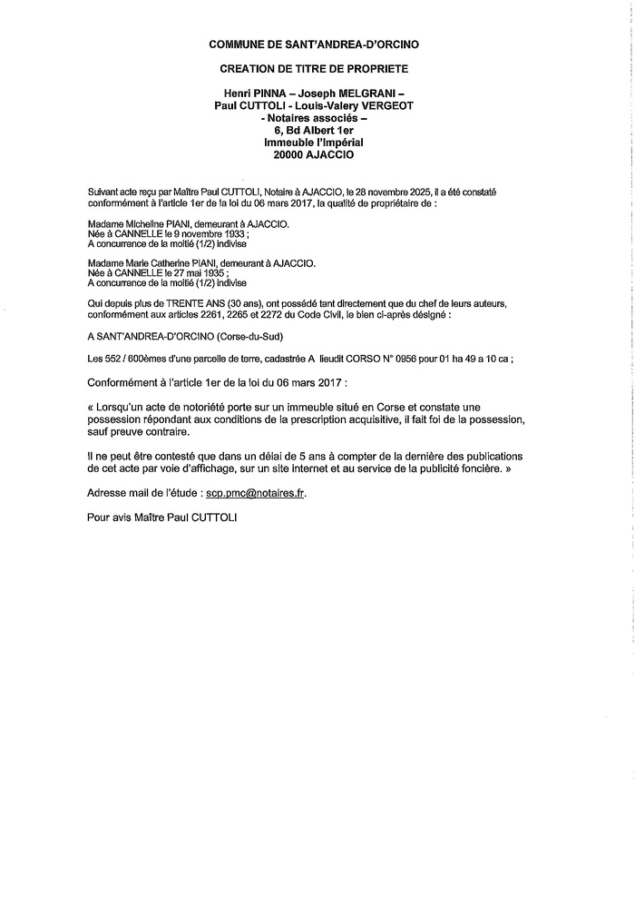Avis de création de titre de propriété - Commune de Sant'Andria d'Urcinu (Pumonti)