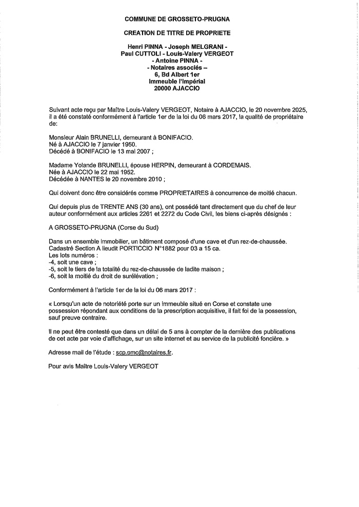 Avis de création de titre de propriété - Commune de Grussettu è Prugna (Pumonti)