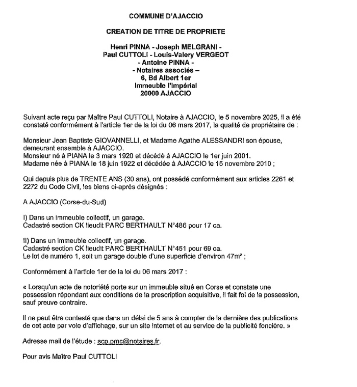 Avis de création de titre de propriété - Commune d'Aiacciu (Pumonti)