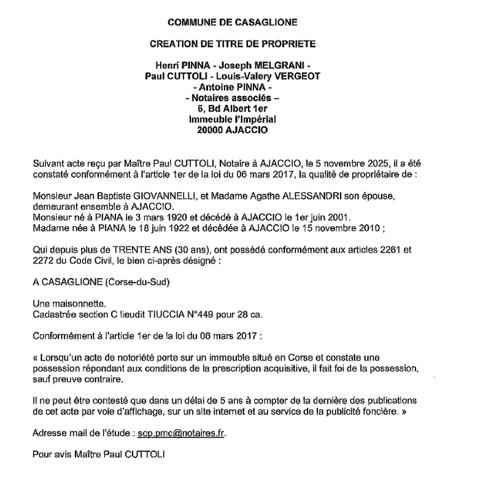 Avis de création de titre de propriété - Commune de Casaglione (Pumonti)