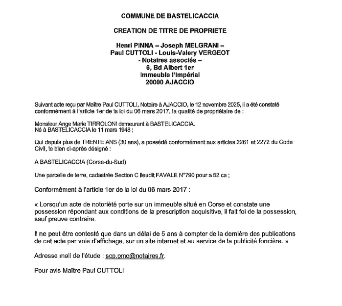 Avis de création de titre de propriété - Commune d'A Bastilicaccia (Pumonti)