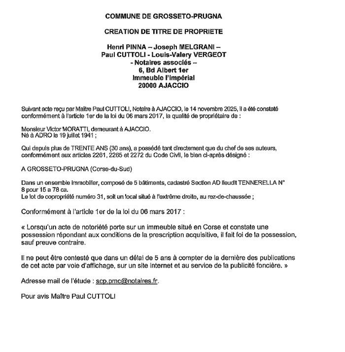 Avis de création de titre de propriété - Commune de Grussettu è Prugna (Pumonti)