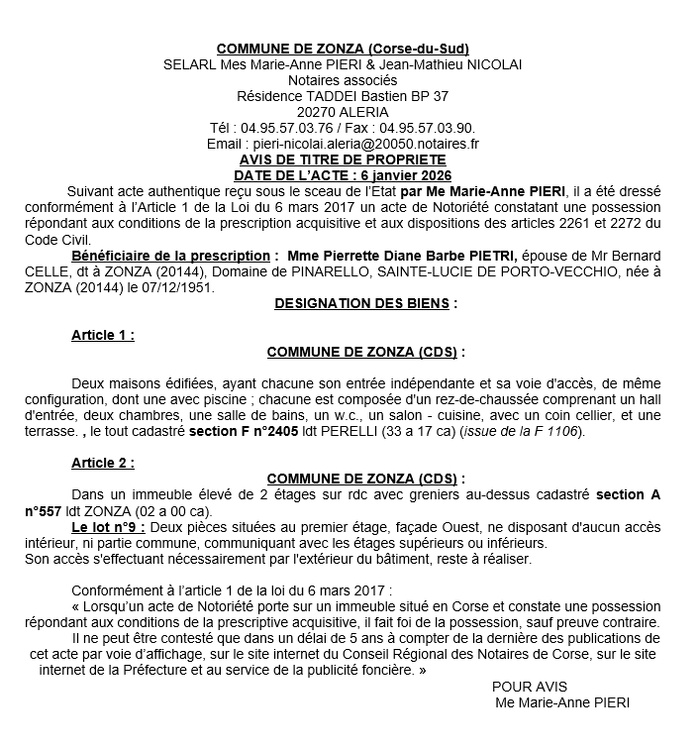 Avis de création de titre de propriété - Commune de Zonza (Pumonti) Avis de création de titre de propriété - Commune de Zonza (Pumonti)