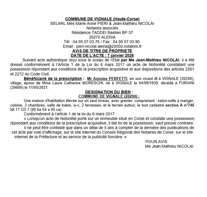 Avis de création de titre de propriété - Commune de Vignale (Cismonte) Avis de création de titre de propriété - Commune de Vignale (Cismonte)
