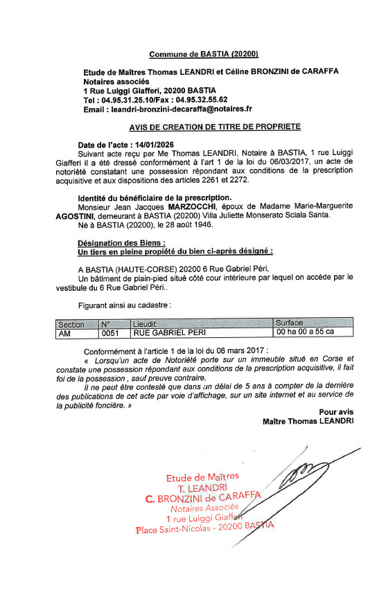 Avis de création de titre de propriété - Commune de Bastia (Cismonte)