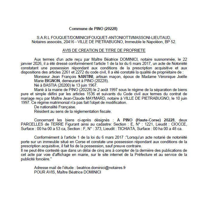 Avis de création de titre de propriété - Commune de Pinu (Cismonte)