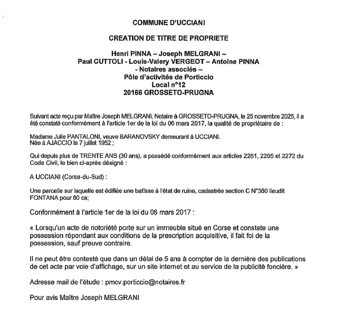 Avis de création de titre de propriété - Commune d'Aucciani (Pumonti)