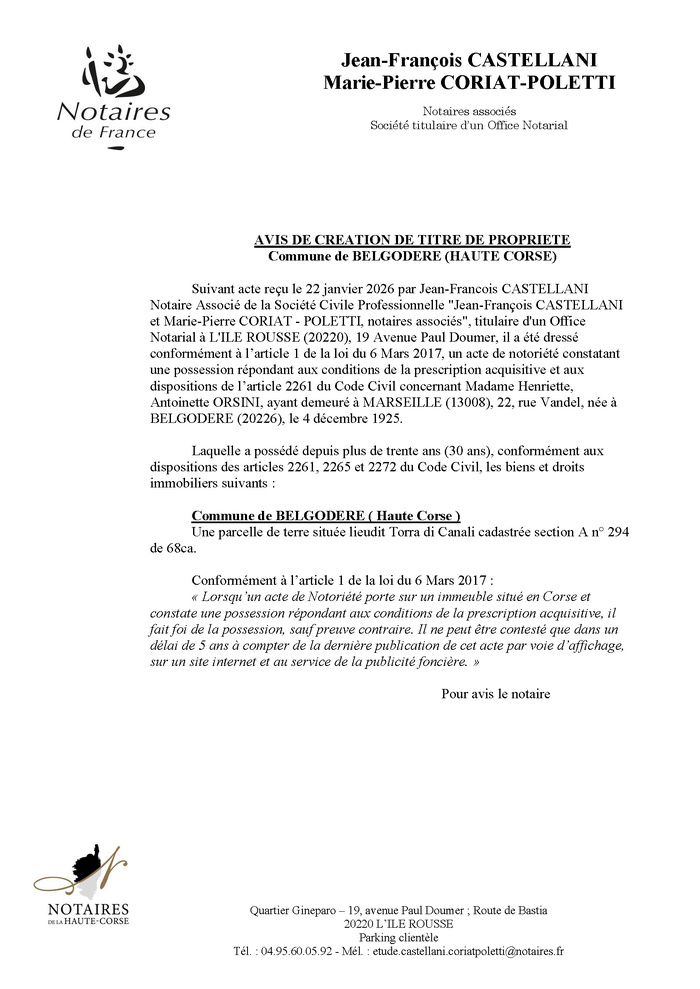 Avis de création de titre de propriété - Commune de Belgudè (Cismonte) Avis de création de titre de propriété - Commune de Belgudè (Cismonte)