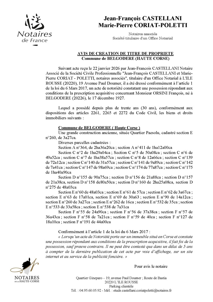 Avis de création de titre de propriété - Commune de Belgudè (Cismonte) Avis de création de titre de propriété - Commune de Belgudè (Cismonte)