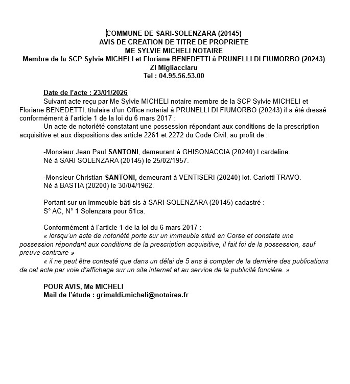 Avis de création de titre de propriété - Commune de Sari è Sulinzara  (Cismonte)