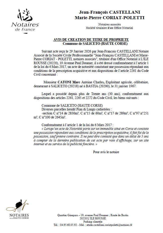 Avis de création de titre de propriété - Commune d'U Salgetu (Cismonte)