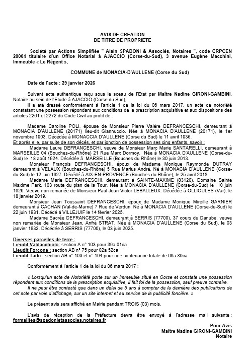 Avis de création de titre de propriété - Commune d'A Munacia d'Auddè (Pumonti)