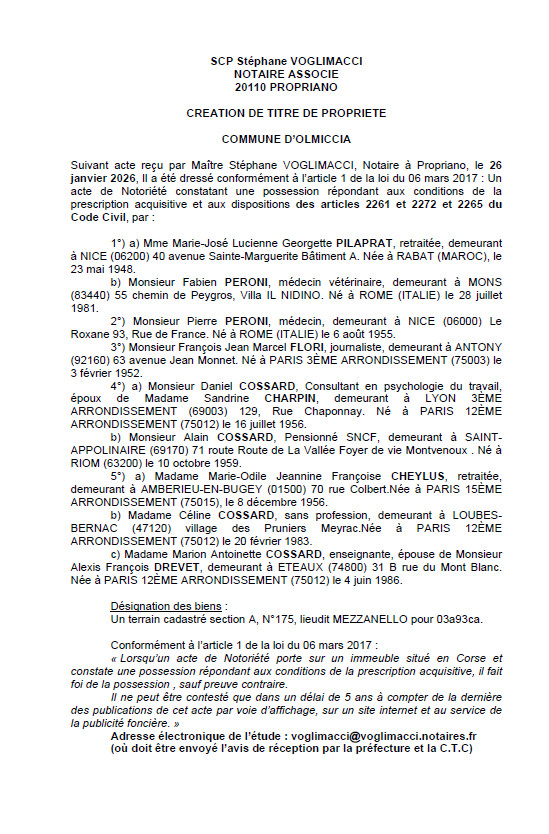 Avis de création de titre de propriété - Commune d'Ulmiccia (Pumonti)