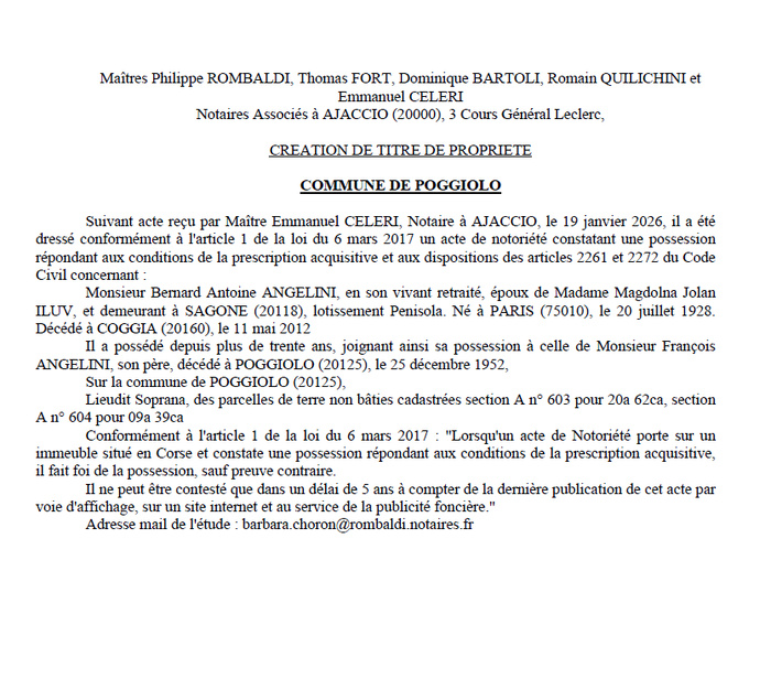 Avis de création de titre de propriété - Commune d'U Pighjolu (Pumonti)