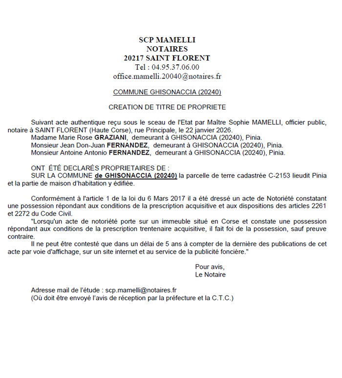 Avis de création de titre de propriété - Commune d'A Ghisunaccia (Cismonte)