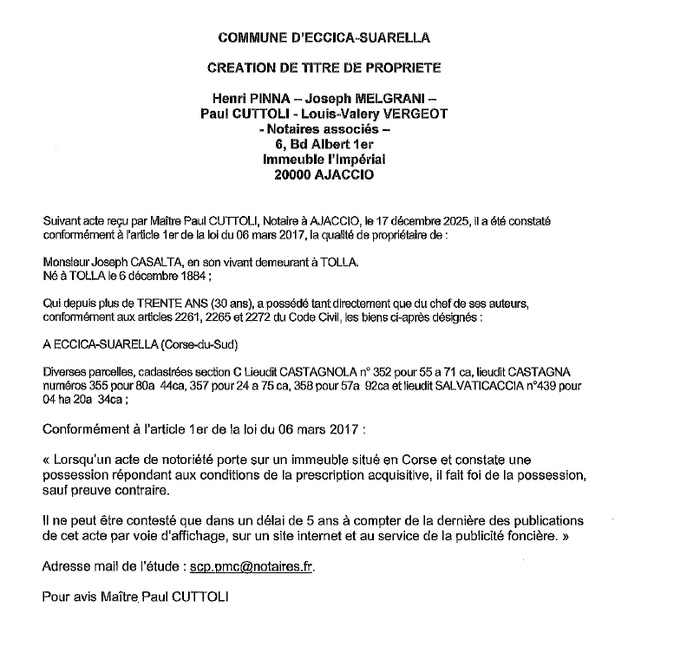 Avis de création de titre de propriété - Commune d'Eccica è Suaredda (Pumonti) Avis de création de titre de propriété - Commune d'Eccica è Suaredda (Pumonti)