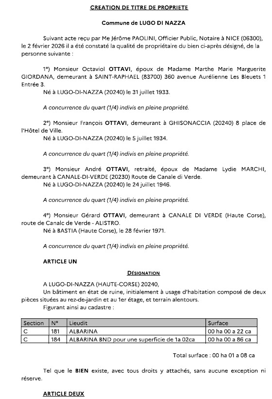 Avis de création de titre de propriété - Commune d'U Lugu di Nazza (Cismonte)