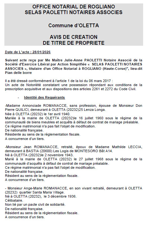 Avis de création de titre de propriété - Commune d'Oletta (Cismonte)