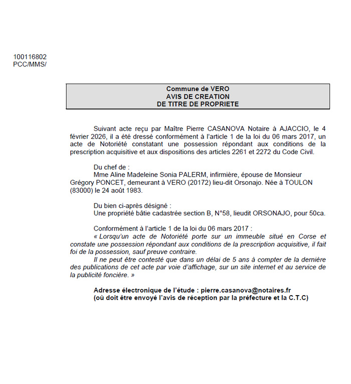 Avis de création de titre de propriété - Commune de Veru (Pumonti)