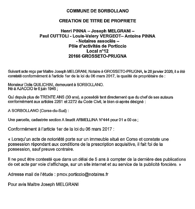 Avis de création de titre de propriété - Commune de Surbuddà (Pumonti)