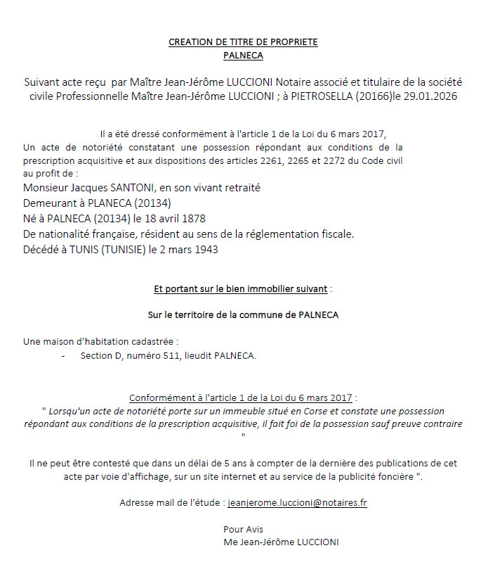 Avis de création de titre de propriété - Commune de Palleca (Pumonti)
