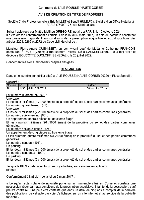Avis de création de titre de propriété - Commune de L'Isula (Cismonte)