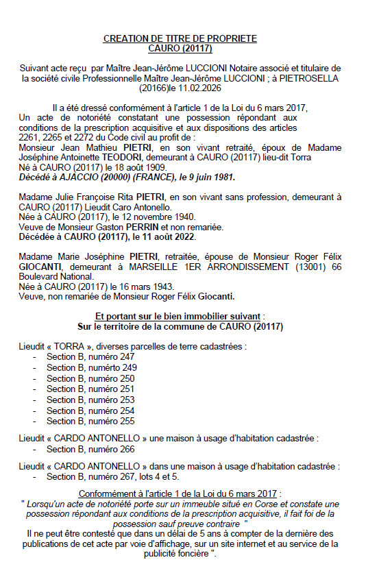 Avis de création de titre de propriété - Commune de Cavru (Pumonti)