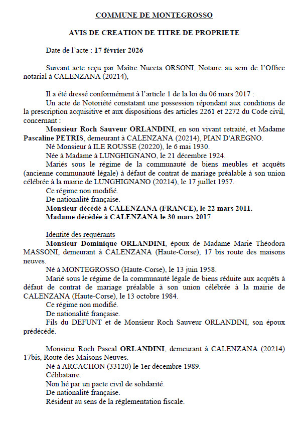 Avis de création de titre de propriété - Commune de Montegrossu (Cismonte)