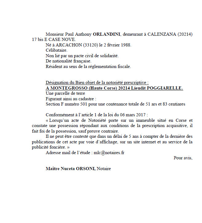 Avis de création de titre de propriété - Commune de Montegrossu (Cismonte)