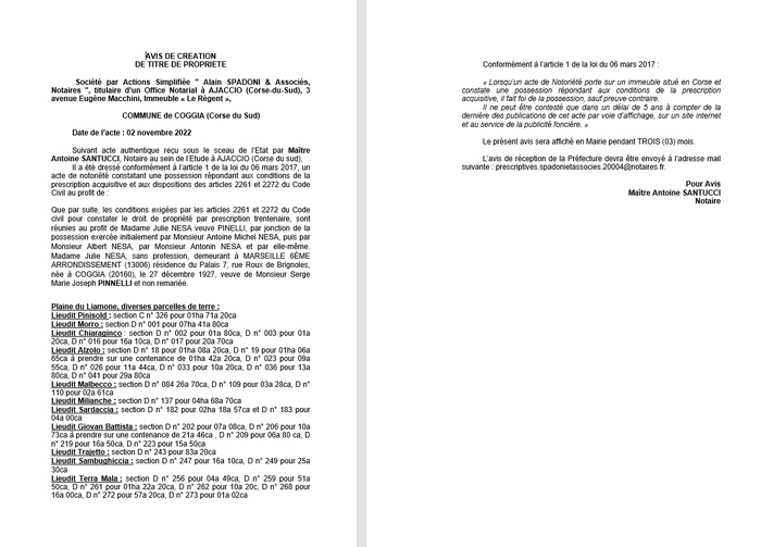 Avis de création de titre de propriété - Commune de Coghja (Pumonti) Avis de création de titre de propriété - Commune de Coghja (Pumonti)