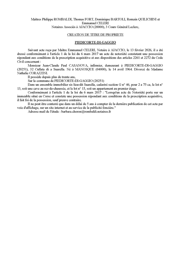 Avis de création de titre de propriété - Commune de Pedicorti di Caghju (Cismonte) Avis de création de titre de propriété - Commune de Pedicorti di Caghju (Cismonte)