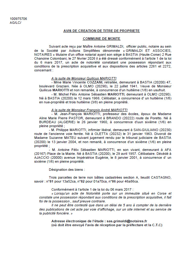 Avis de création de titre de propriété - Commune d'U Monte (Cismonte)