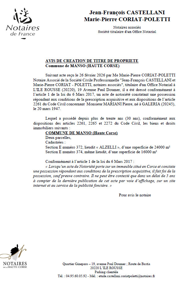 Avis de création de titre de propriété - Commune d'U Mansu (Cismonte)