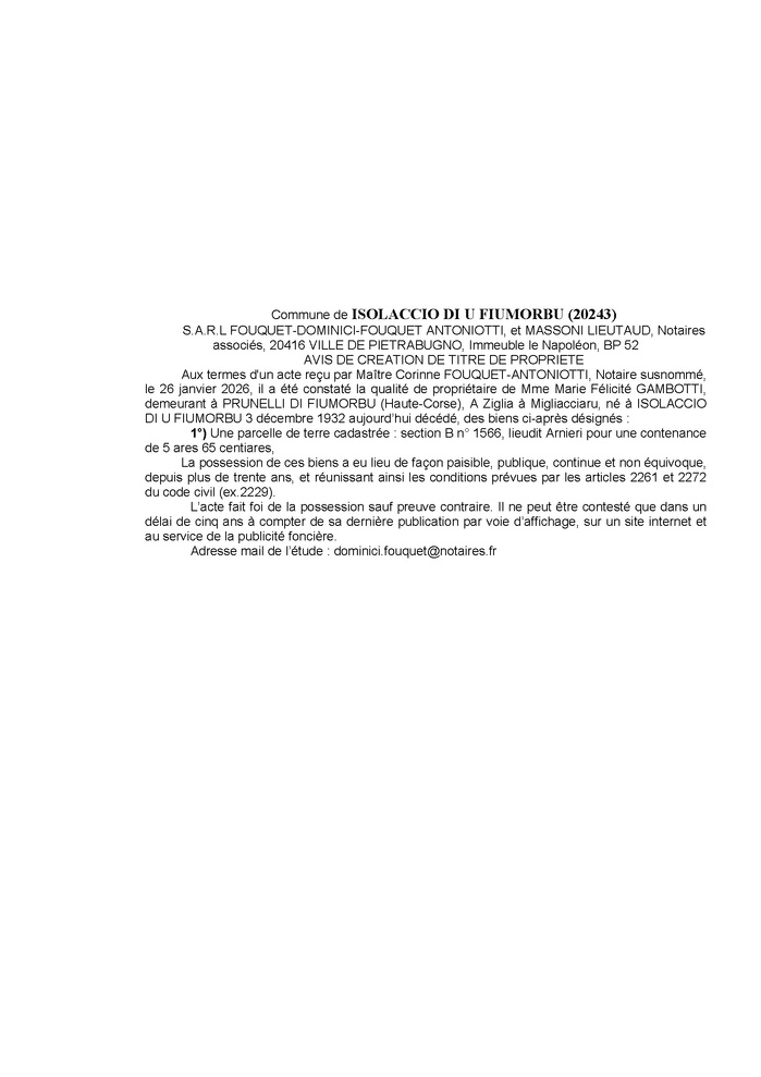 Avis de création de titre de propriété - Commune de L'Isulacciu di Fiumorbu (Cismonte)