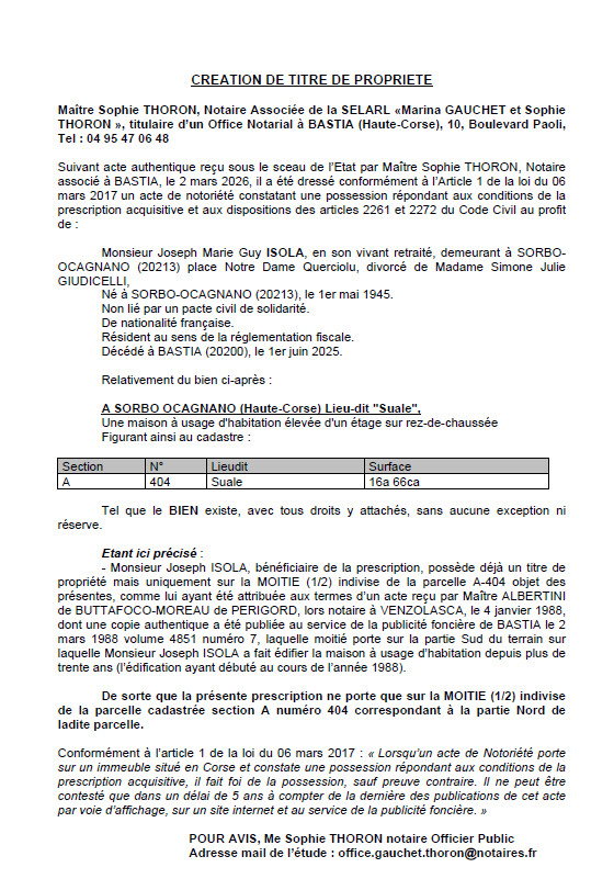 Avis de création de titre de propriété - Commune de Sorbu è Ocagnanu (Cismonte)