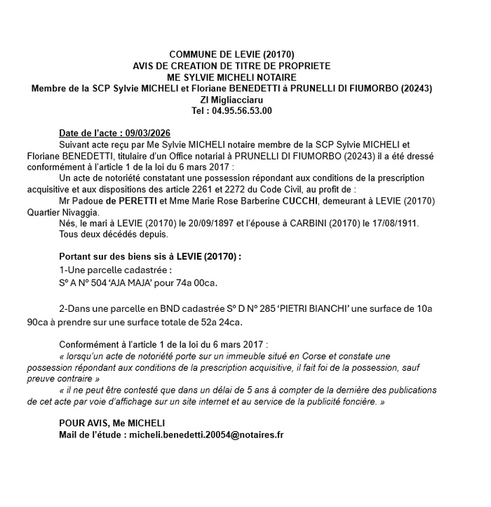 Avis de création de titre de propriété - Commune de Livia (Pumonti)