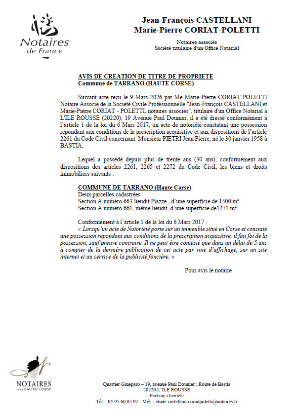 Avis de création de titre de propriété - Commune de Tarranu (Cismonte)