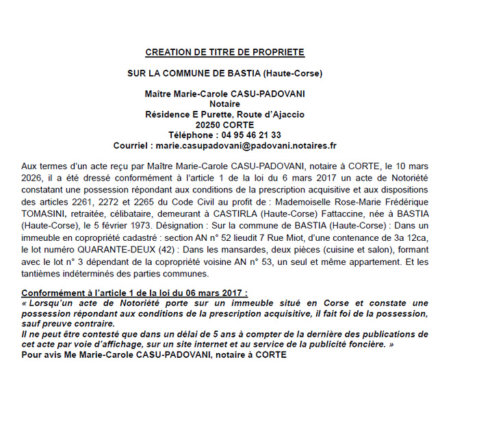 Avis de création de titre de propriété - Commune de Bastia (Cismonte) Avis de création de titre de propriété - Commune de Bastia (Cismonte)