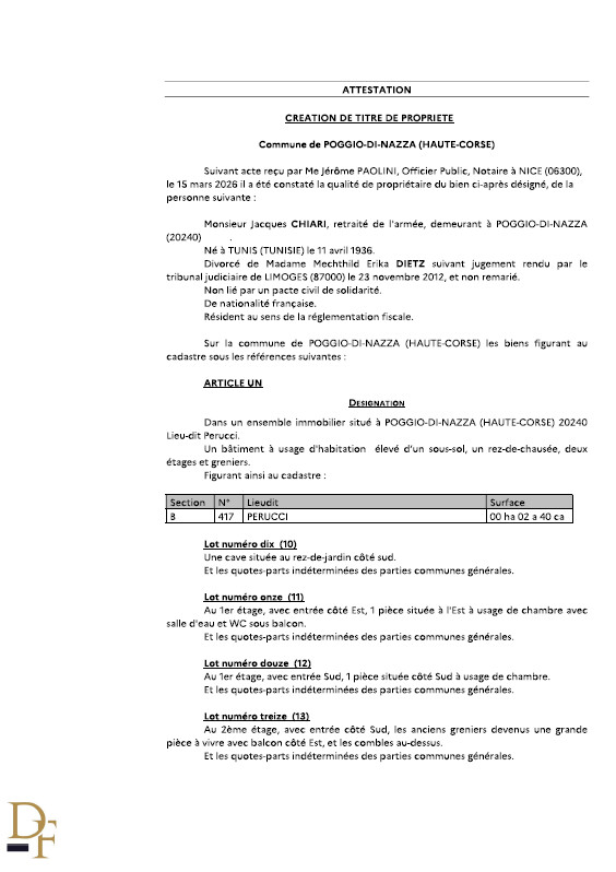 Avis de création de titre de propriété - Commune d'U Poghju di Nazza (Cismonte)